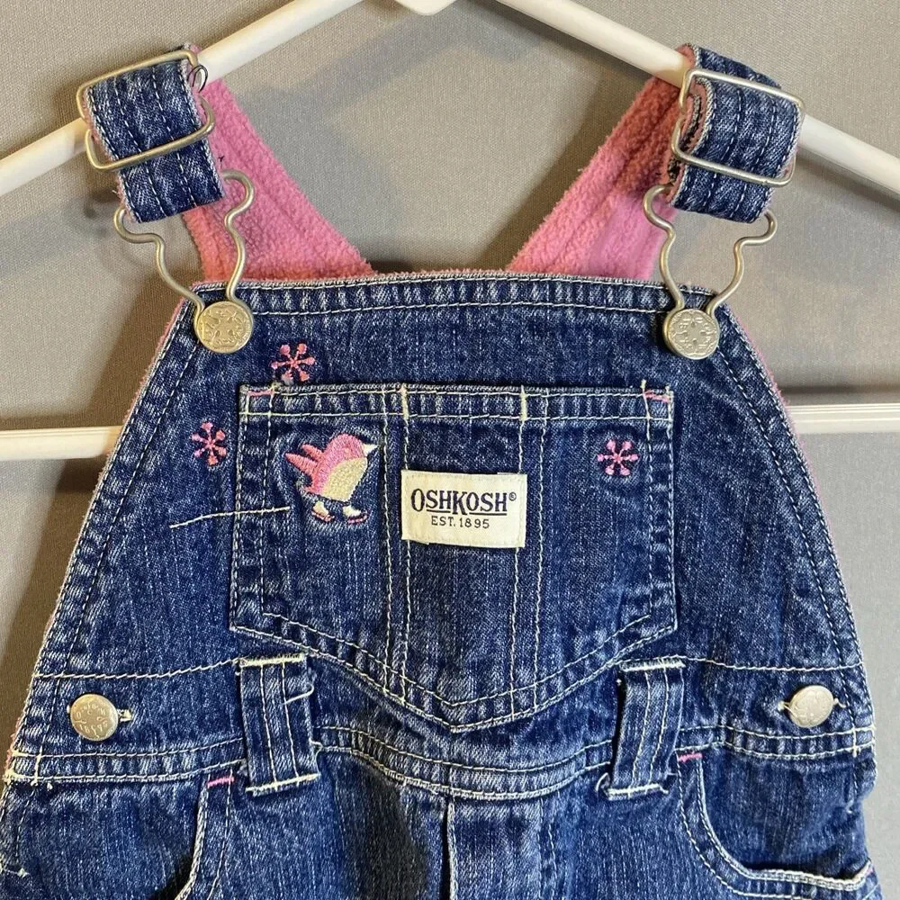 18 Month Osh Kosh B’gosh Denim Overall Vestbak Dress Fleece Lined Top Embroider